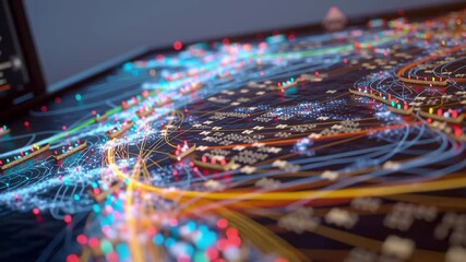 Wall Mural - intricate lines and vibrant colors illustrate complex data networks on a digital interface, showcasi