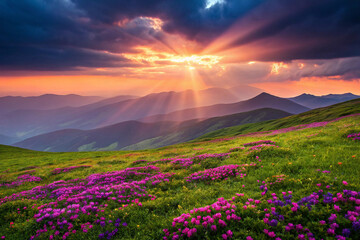 Wall Mural - Sunset Over Mountain Meadow with Blooming Wildflowers and Sun Rays