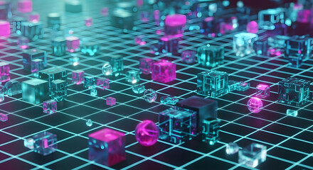 Abstract Digital Data Visualization Neon Cubes and Grid