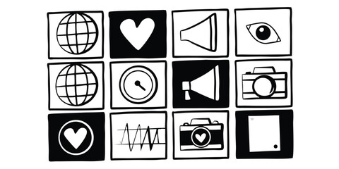 Comprehensive icon set for web design and user interface development featuring a diverse range of symbols and glyphs suitable for various applications and creative projects