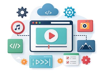 3D Web Vector Style Illustration of Video Player with Gallery, Coding, and SEO Icons