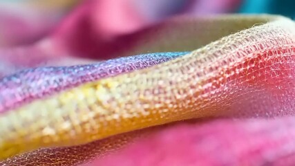 Close-up of iridescent, multicolored fabric with a net-like texture.
