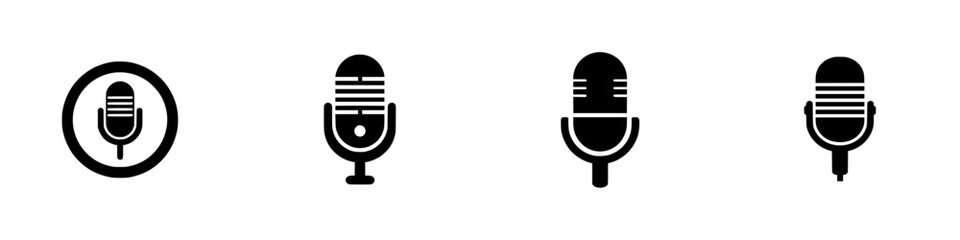 Wall Mural - Silhouette pictogram set featuring various microphone designs for digital applications and graphic needs