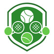 © Nobel Fahad - Green tennis emblem with rackets and balls inside a shield shape