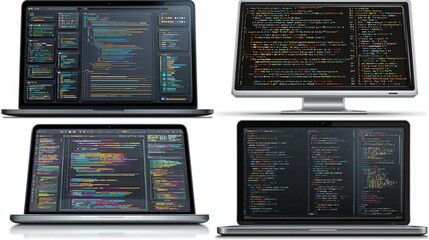 Code displayed on computer screens in a studio, showing programming, for software development, or website design