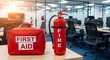 © Sameer - Workplace preparedness featuring a red first aid kit and fire extinguisher in a modern office setting, highlighting safety measures.