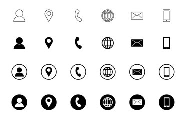 Contact method icons, User communication symbol set, Phone email location globe mobile icons, Outline and solid interface pack, Minimal UI contact vector collection, vector illustration.