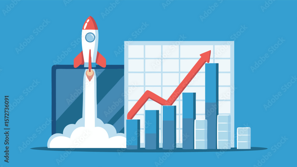 Rocket launching from laptop with growth chart showing upward trend on ...
