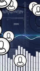 Wall Mural - User icons connected by lines, data visualization animation over bar and line graphs