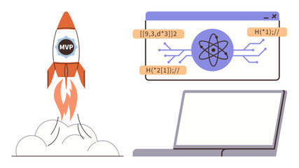 Rocket launch labeled MVP, laptop with interface featuring coding symbols and atomic design. Ideal for startups, technology, development, innovation, coding, progress, simple flat metaphor