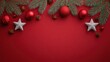 © pinporn manosri - Flat red background with decorative border of Christmas elements like ornaments, stars, and fir twigs, space in middle