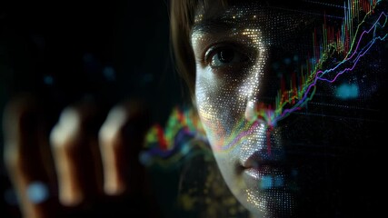 Wall Mural - projected financial data consisting of colorful charts and graphs illuminates the face and hand of a