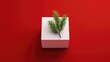 © pinporn manosri - Minimalist single Christmas gift on a bold red background, small pine sprig decorates the box, with empty space
