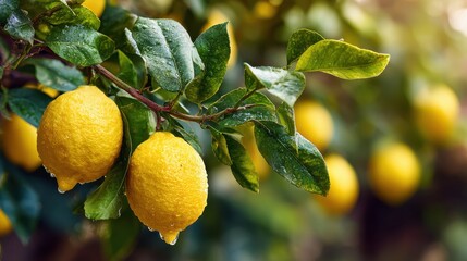 Fresh yellow lemons hanging on a leafy tree branch with water droplets, illuminated by natural sunlight.