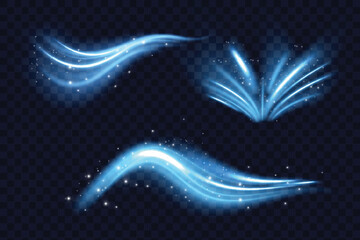 Wall Mural - blue wind waves effect. abstract light motion trails with sparkles isolated on black background. fre