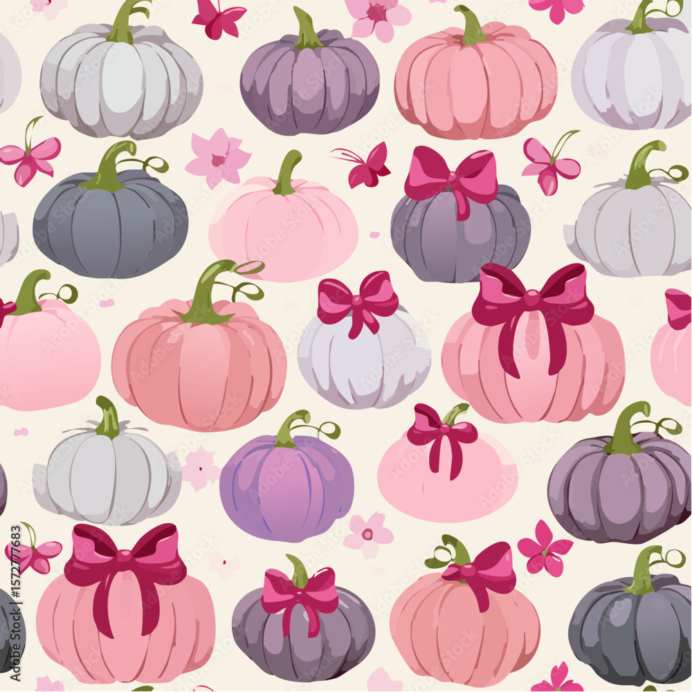Adorable Coquette Pumpkins with Burgundy Ribbons in a Seamless Vector ...
