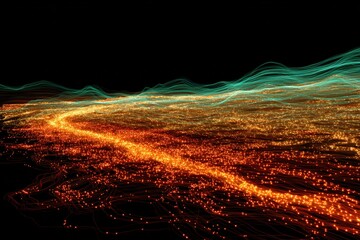 Wall Mural - Chaotic glowing scribble lines in electric colors over dark void 