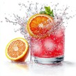 © Suppattra - A vibrant orange slice dramatically falls into a refreshing Negroni cocktail creating a spectacular splash of water and ice against a bright white background.
