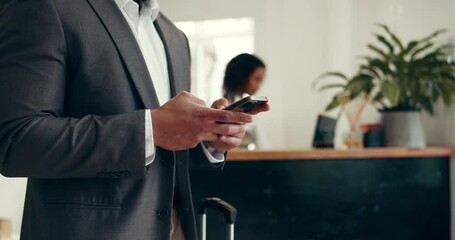 phone, hotel and hands of business man for networking, online booking and website for work trip. hos