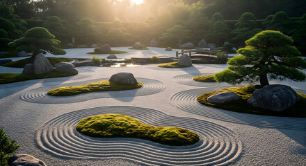 A meticulously raked Zen garden featuring patterned gravel, various rocks, and patches of green moss, bathed in soft sunlight