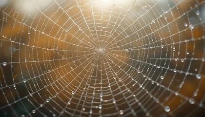 Intricate spider web covered in sparkling dew drops on a warm autumn morning