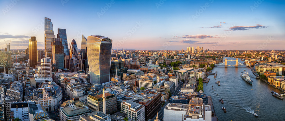Panoramic aerial view of the City of London skyline with Tower Bridge ...