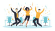 © Pixel Empire - Illustration of three office workers celebrating with confetti in a modern office setting design