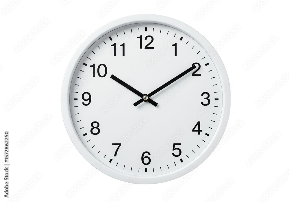 A white round clock shows ten minutes past ten on a white isolated background isolated on transparent background