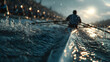 © john - A competitive rowing scene, rowers in perfect sync during a regatta, water splashing. Generative AI.