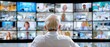 © narak0rn - An older man attends a large virtual meeting, facing multiple video call screens filled with remote participants.