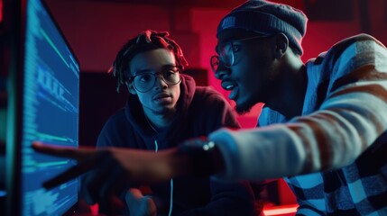 Two african ethnicity coders collaborate, pointing at screen displaying software code