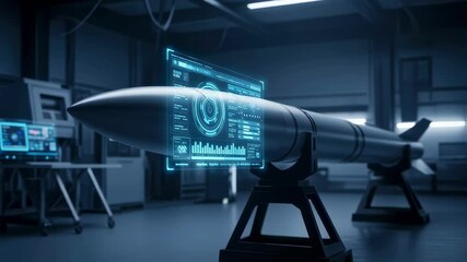 Hightech missile visualization with holographic interface in engineering development room.