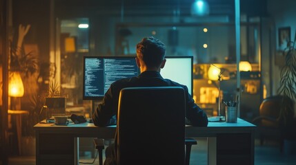 Dedicated programmer working late into night on complex code development task