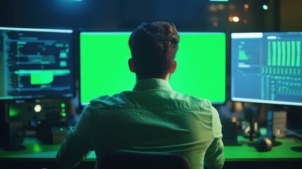 Dedicated professional working on multi-screen setup in a futuristic office