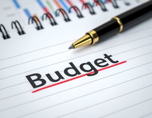 a notebook page displaying the word 'budget' underlined in red, with a pen and a blurred financial c