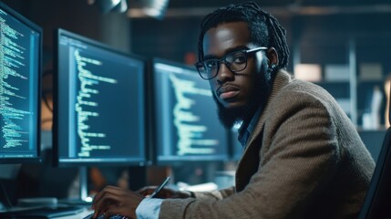 Focused programmer reviewing code on multiple screens in a modern office