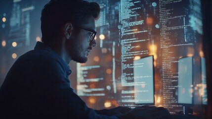 Focused programmer coding late into the night with digital code overlay