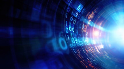 abstract representation of digital data flow with glowing binary numbers and light effects