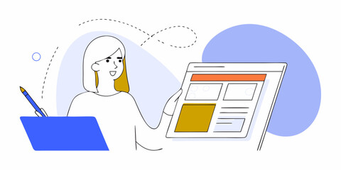 Creative woman using a tablet for web design layout and application development showcases a user interface planning session.