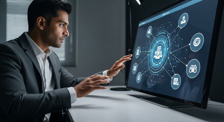 Businessman interacting with digital interface technology on computer screen