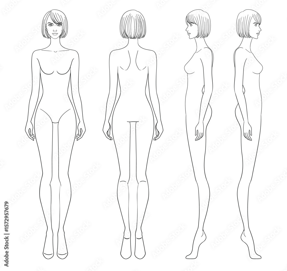 Fashion outline sketch croquis figurines front side back view with bob ...