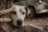 dog tied on a tree in the street while being abandoned by its owner in a car dog tied on a tree in the street while being abandoned by its owner in a car