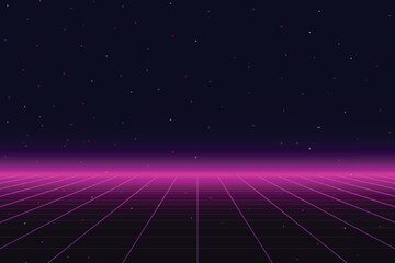 Wall Mural - Retro cyberpunk style 80s game scene pixel art 8-bit sci-fi background. glowing neon grid and stars from vintage arcade computer games.