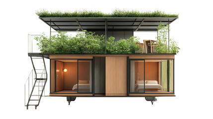 Compact student pod housing with shared rooftop background isolated on a Transparent background, PNG file.