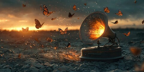 Wall Mural - A glowing gramophone broadcasting butterflies instead of music in a cracked earth expanse