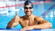 © StocksJust4You - Smiling young European male swimmer wearing a cap and goggle practices in a crystal blue pool while giving thumb up signal - capturing strength, grace, and dedication in a refreshing aquatic setting