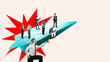 © master1305 - Modern composition. Several professionals in formal attire stand on a large flying turquoise paper plane, with a man in front lifting it. Concept of team alignment under leadership guidance