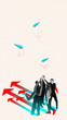 © master1305 - Surreal composite. Happy group of businessman high-fives under three flying paper planes and a trail of upward arrows. Concept of collective success, group motivation and performance improvement
