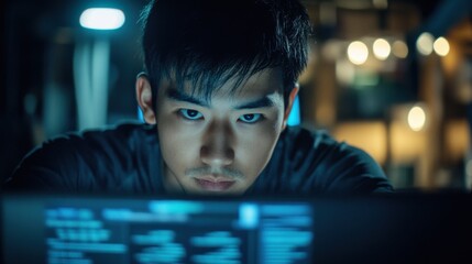 Night Coder Focused on the Screen.