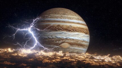 Wall Mural - Jupiter's Lightning Majesty: A breathtaking view of Jupiter, the largest planet, is engulfed in a mesmerizing display of celestial lightning.